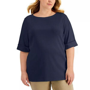 Karen Scott Plus Size Navy Blue 100% Cotton Elbow-Sleeve Top NWT
